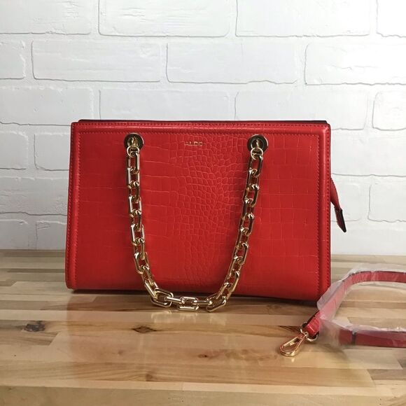 ALDO handbag square red and gold chains hardware purse trendy - Picture 1 of 16